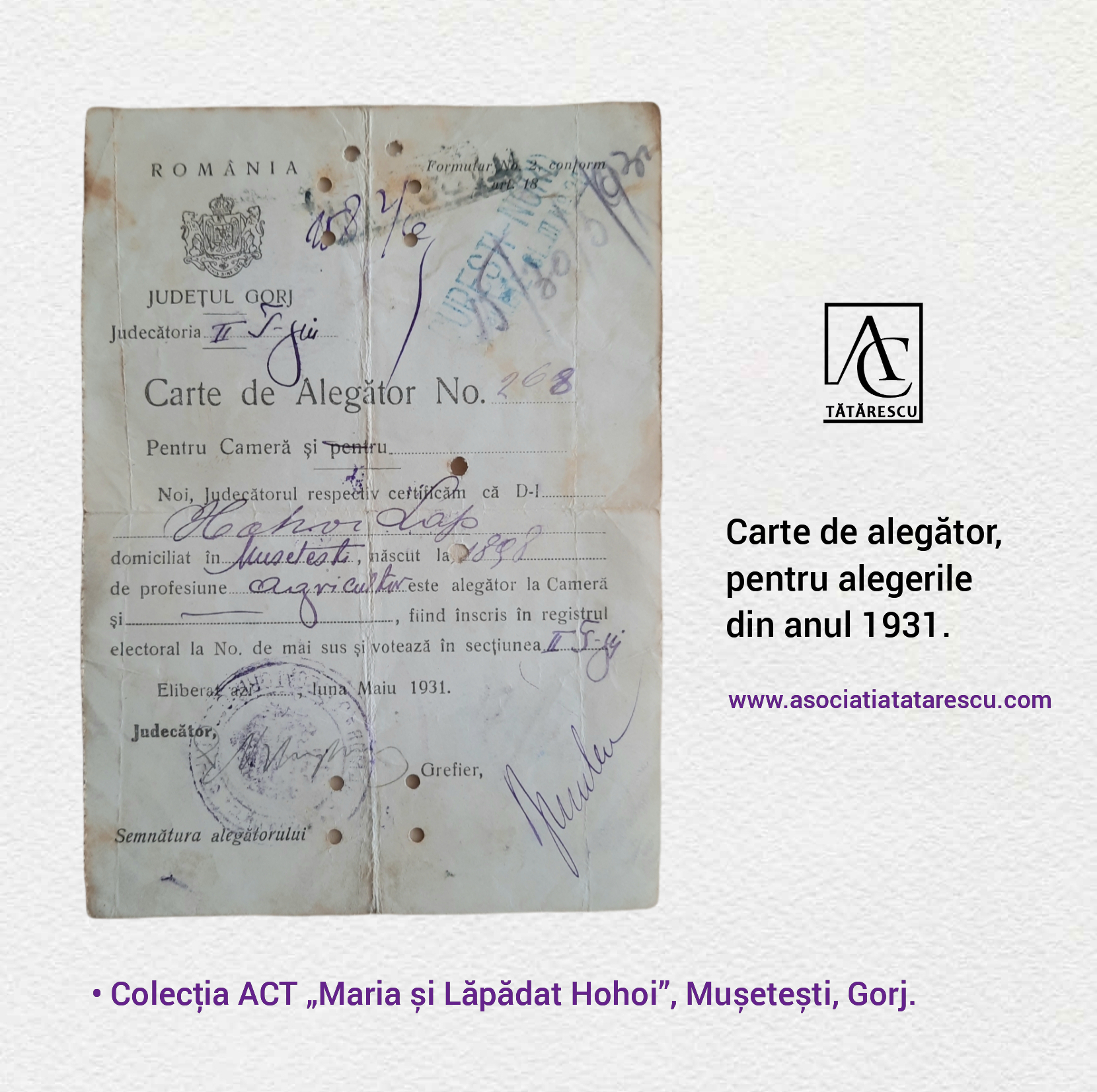 Carte de alegător (1931). Colecția ACT „Maria și Lăpădat Hohoi”